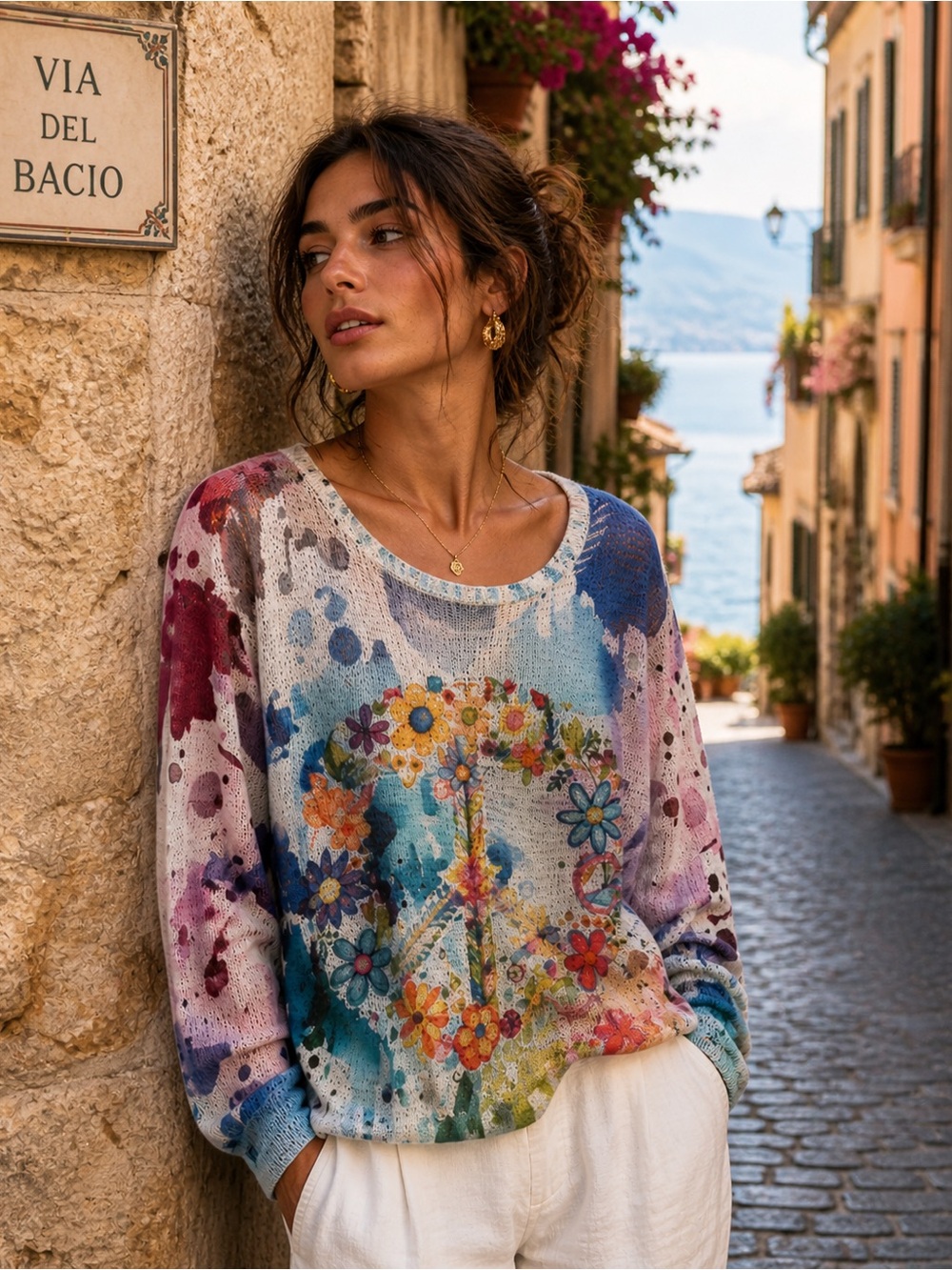 NWOT Loowie One Size From Italy Floral Peace Sign Watercolor Top